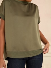 Love & Roses Khaki Green Satin Front Jersey Short Sleeve Top - Image 8 of 8