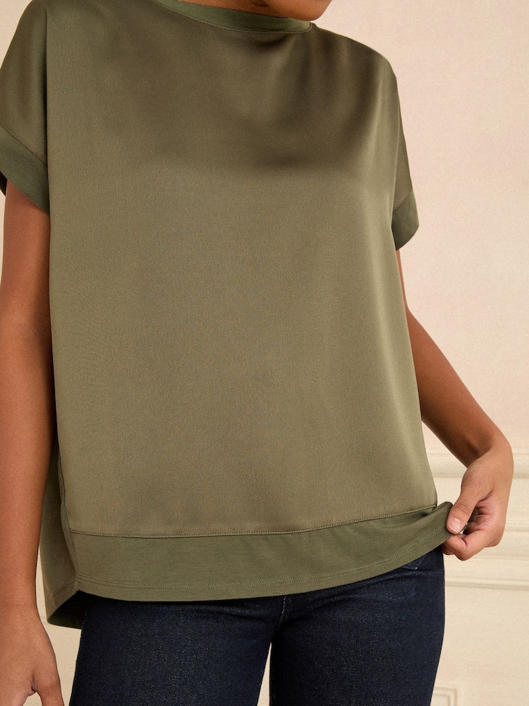 Love & Roses Khaki Green Satin Front Jersey Short Sleeve Top - Image 8 of 8