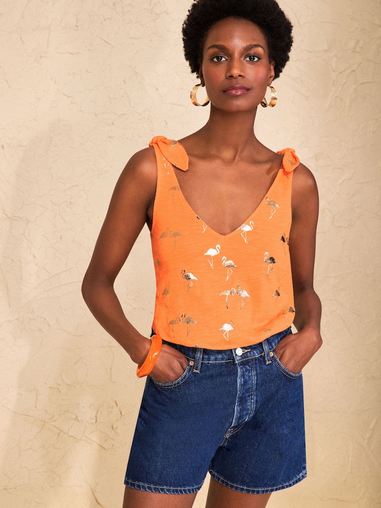 Love & Roses Orange Flamingo Foil Print Tie Shoulder V-Neck Jersey Vest - Image 4 of 4