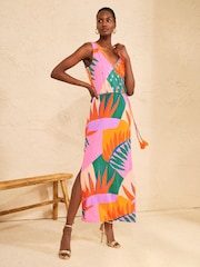 Love & Roses Orange Tropical Foil Print Embellished Trim Petite V-Neck Jersey Midi Dress - Image 1 of 4