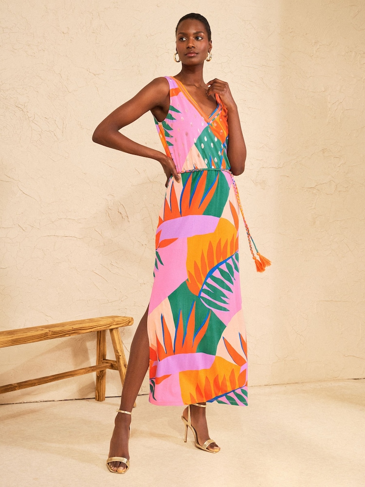 Love & Roses Orange Tropical Foil Print Embellished Trim Petite V-Neck Jersey Midi Dress - Image 1 of 4