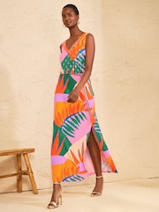 Love & Roses Orange Tropical Foil Print Embellished Trim Petite V-Neck Jersey Midi Dress - Image 3 of 4