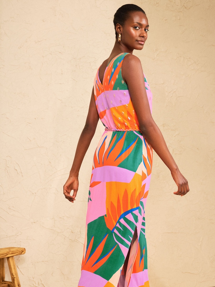 Love & Roses Orange Tropical Foil Print Embellished Trim Petite V-Neck Jersey Midi Dress - Image 4 of 4