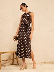 Love & Roses Chocolate Brown Foil Sun Print Petite Knot Shoulder Jersey Belted Midi Dress - Image 1 of 4