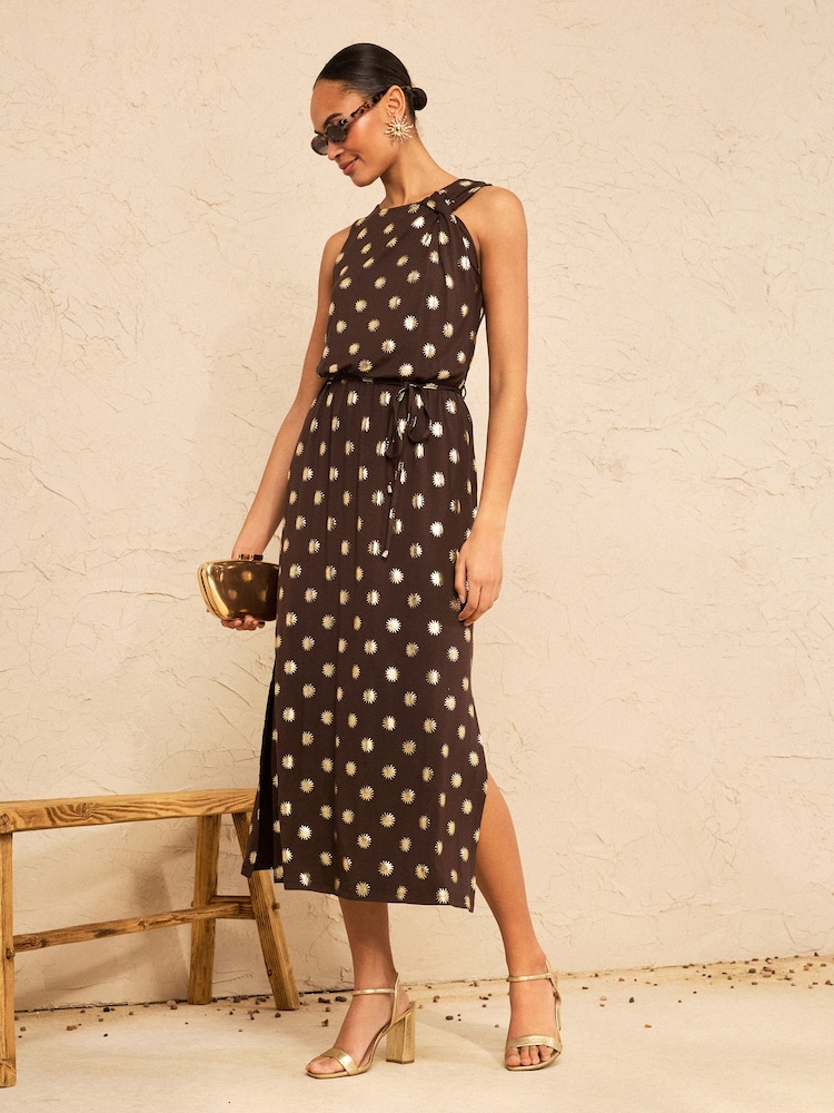 Love & Roses Chocolate Brown Foil Sun Print Petite Knot Shoulder Jersey Belted Midi Dress - Image 1 of 4 Love & Roses Chocolate Brown Foil Sun Print Petite Knot Shoulder Jersey Belted Midi Dress - Image 1 of 4