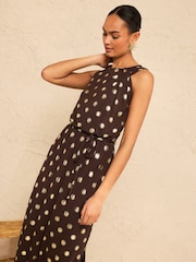 Love & Roses Chocolate Brown Foil Sun Print Petite Knot Shoulder Jersey Belted Midi Dress - Image 4 of 4