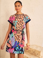 Navy Blue Animal Tropical Print - Love & Roses Crew Neck T-Shirt Mini Dress - Bild 1 von 4