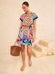 Navy Blue Animal Tropical Print - Love & Roses Crew Neck T-Shirt Mini Dress - Bild 2 von 4