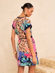 Navy Blue Animal Tropical Print - Love & Roses Crew Neck T-Shirt Mini Dress - Bild 3 von 4