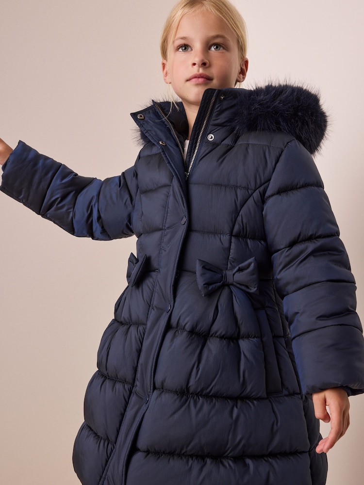 Navy Blue Bow Detail Shower Resistant Padded Coat (3-16yrs) - Image 1 of 7 Navy Blue Bow Detail Shower Resistant Padded Coat (3-16yrs) - Image 1 of 7