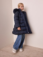 Navy Blue Bow Detail Shower Resistant Padded Coat (3-16yrs) - Image 3 of 7