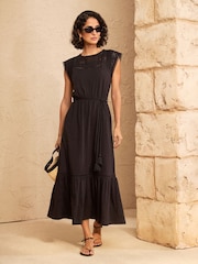Love & Roses Black Broderie Yoke Jersey Midi Dress - Image 1 of 4