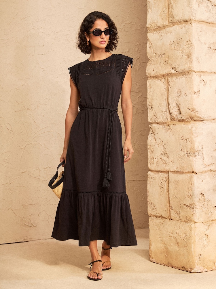 Love & Roses Black Broderie Yoke Jersey Midi Dress - Image 1 of 4
