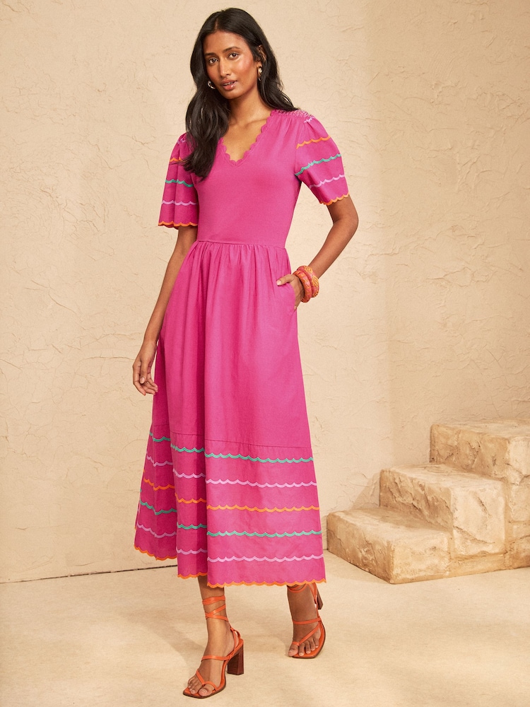 Love & Roses Pink Short Sleeve Scallop Woven Jersey Mix Midi Dress - Image 1 of 4 Love & Roses Pink Short Sleeve Scallop Woven Jersey Mix Midi Dress - Image 1 of 4