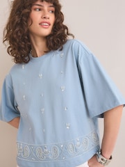 Blue Embellished Paisley Short Sleeve Crew Neck T-Shirt - Image 1 of 7