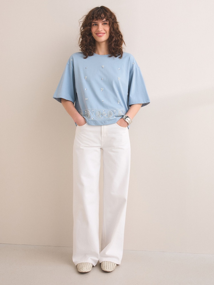 Blue Embellished Paisley Short Sleeve Crew Neck T-Shirt - Image 2 of 7