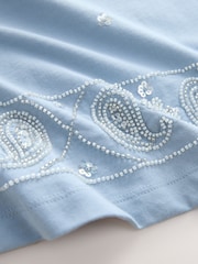 Blue Embellished Paisley Short Sleeve Crew Neck T-Shirt - Image 6 of 7