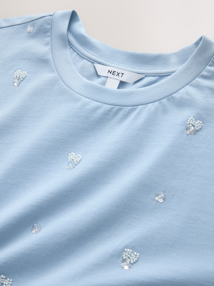 Blue Embellished Paisley Short Sleeve Crew Neck T-Shirt - Image 7 of 7