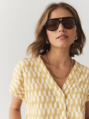 Ochre Geo Print Textured V-Neck Tie Front Short Sleeve Top - Image 6 of 9