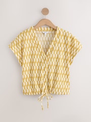 Ochre Geo Print Textured V-Neck Tie Front Short Sleeve Top - Image 7 of 9