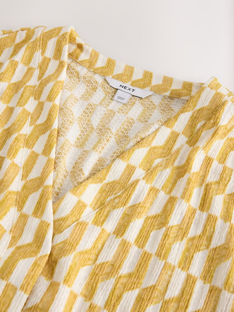 Ochre Geo Print Textured V-Neck Tie Front Short Sleeve Top - Image 9 of 9 Ochre Geo Print Textured V-Neck Tie Front Short Sleeve Top - Image 9 of 9