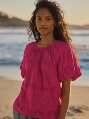 Pink Broderie Volume Sleeve Tie Back Top - Image 1 of 8