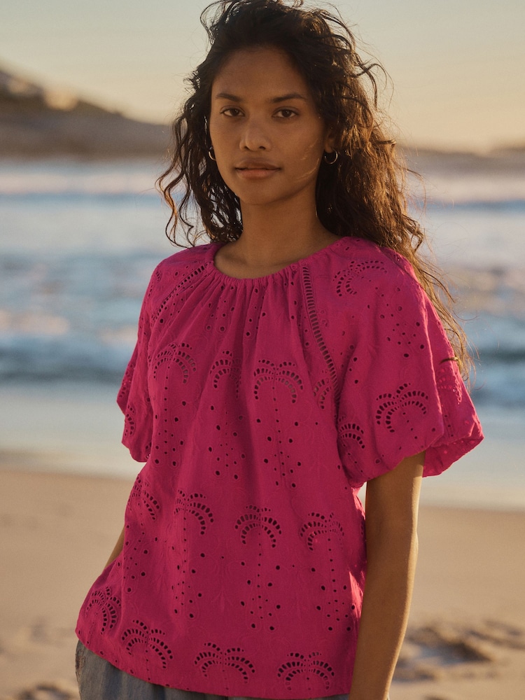 Pink Broderie Volume Sleeve Tie Back Top - Image 1 of 8