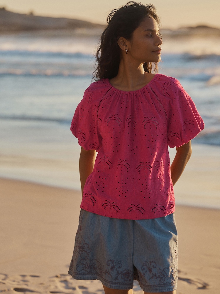 Pink Broderie Volume Sleeve Tie Back Top - Image 2 of 8