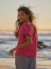 Pink Broderie Volume Sleeve Tie Back Top - Image 3 of 8