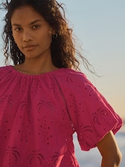 Pink Broderie Volume Sleeve Tie Back Top - Image 5 of 8