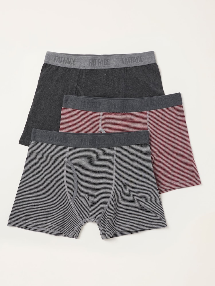 FatFace 3 Pack Grey/Striped/Red Boxers - Image 1 of 3 FatFace 3 Pack Grey/Striped/Red Boxers - Image 1 of 3