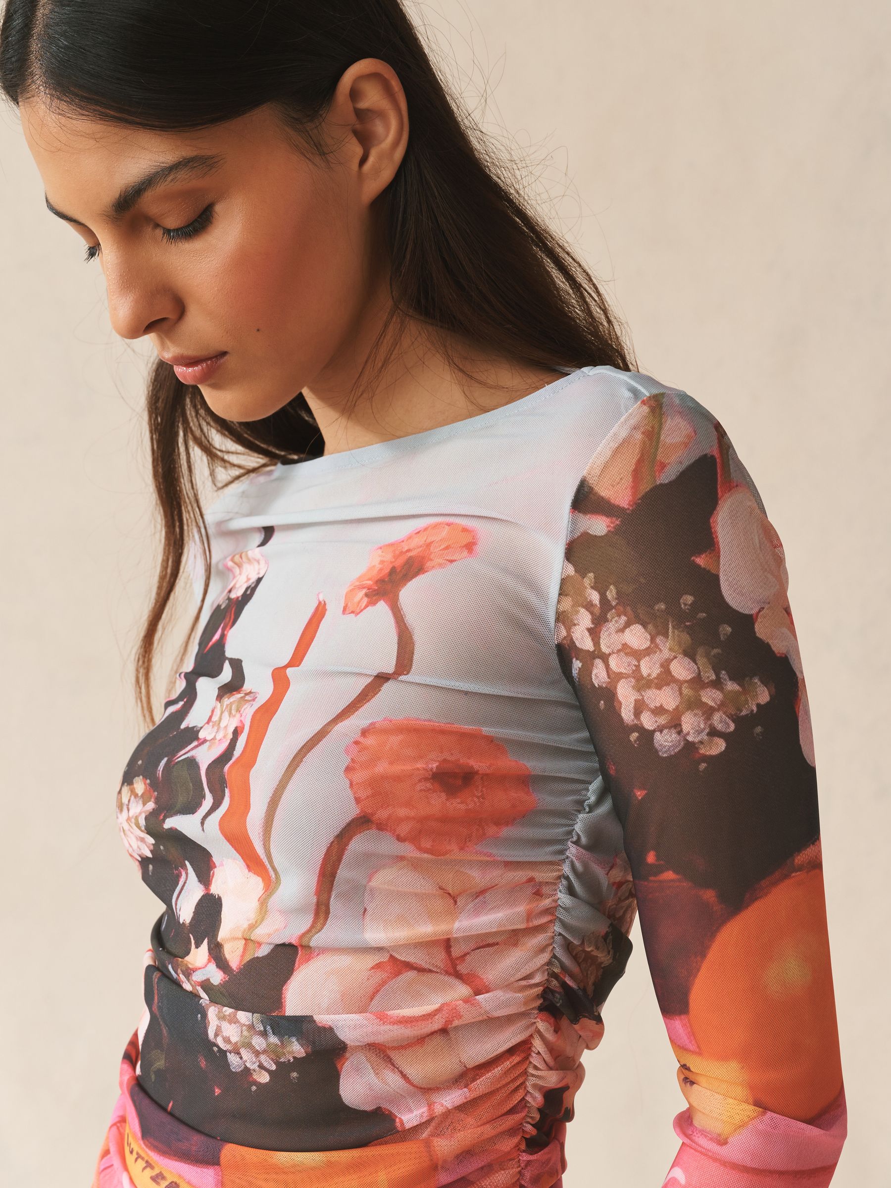 Buy Lindsey Cherek Waller Blue Floral Ruched Long Sleeved Mesh Top