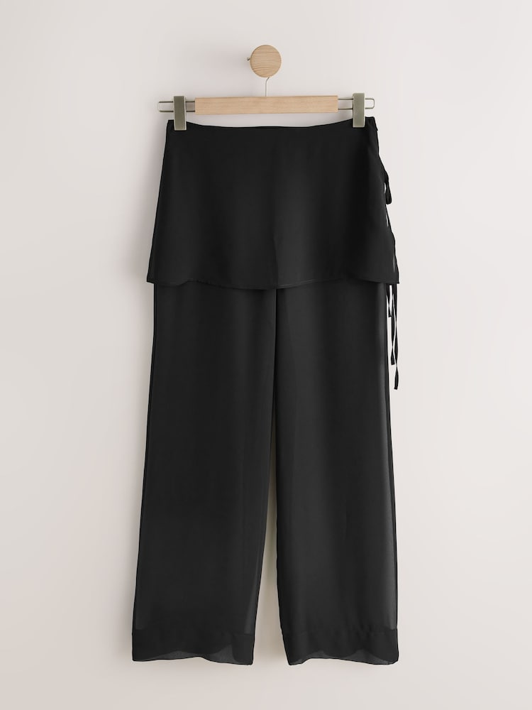 Black Mesh Wide Leg Trousers With Skirt Overlay - Image 1 of 3
