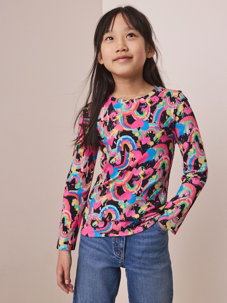 Bright Heart Rainbow Long Sleeve Ribbed Top (3-16yrs) - Image 2 of 8 Bright Heart Rainbow Long Sleeve Ribbed Top (3-16yrs) - Image 2 of 8