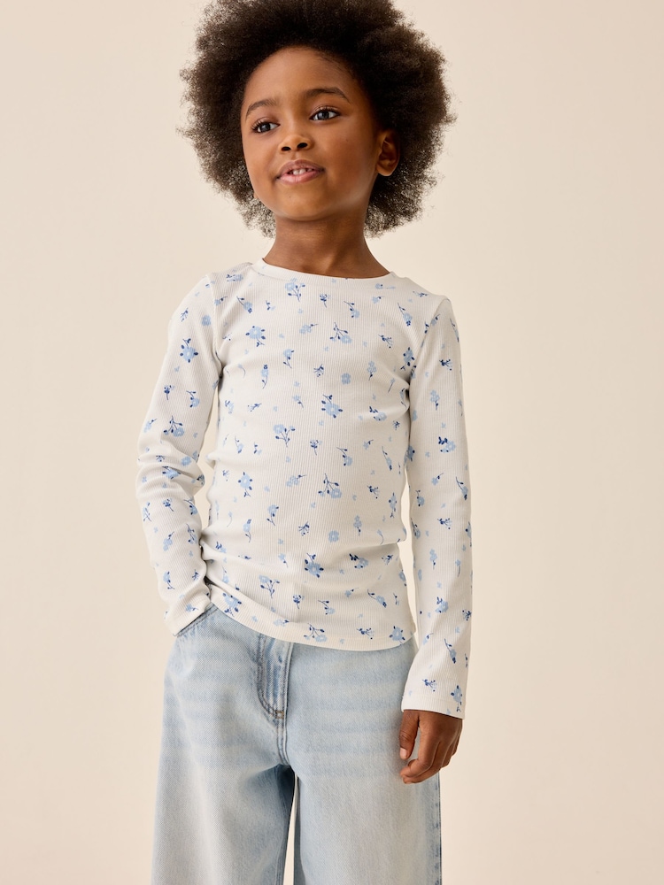 White Ditsy Floral Long Sleeve Ribbed Top (3-16yrs) - Image 1 of 8 White Ditsy Floral Long Sleeve Ribbed Top (3-16yrs) - Image 1 of 8