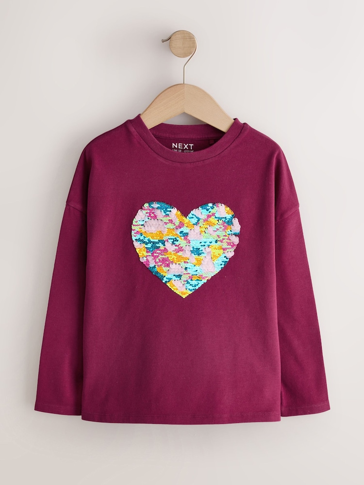 Burgundy Red Long Sleeve Sequin Heart Top (3-16yrs) - Image 1 of 5
