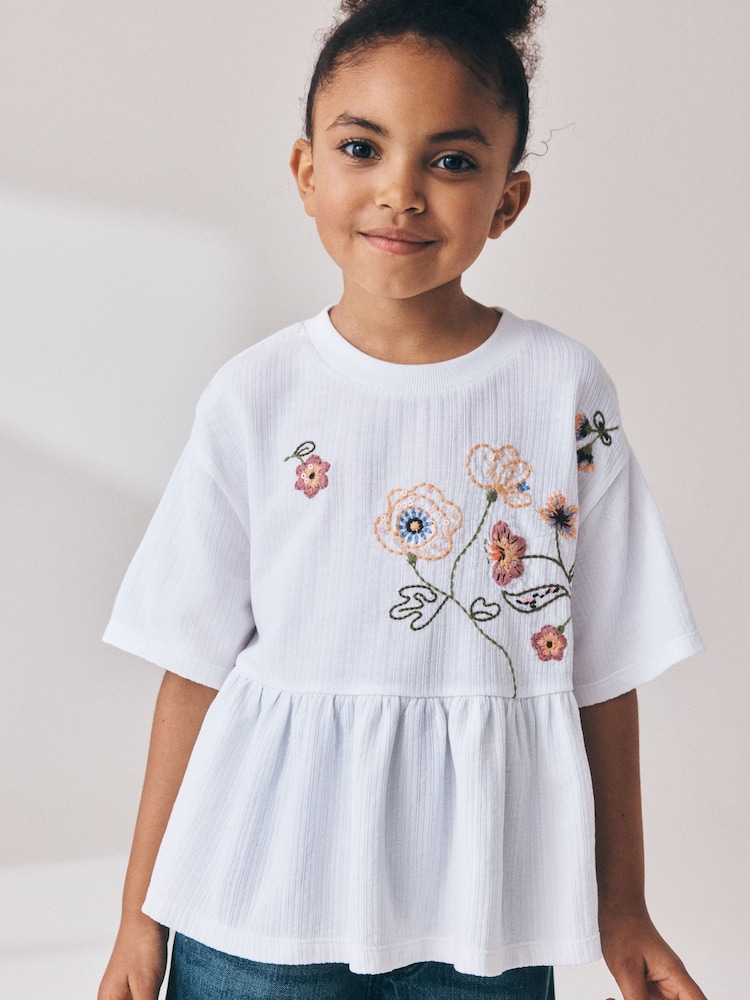 White Floral Embroidered Peplum T-Shirt (3-16yrs) - Image 1 of 4