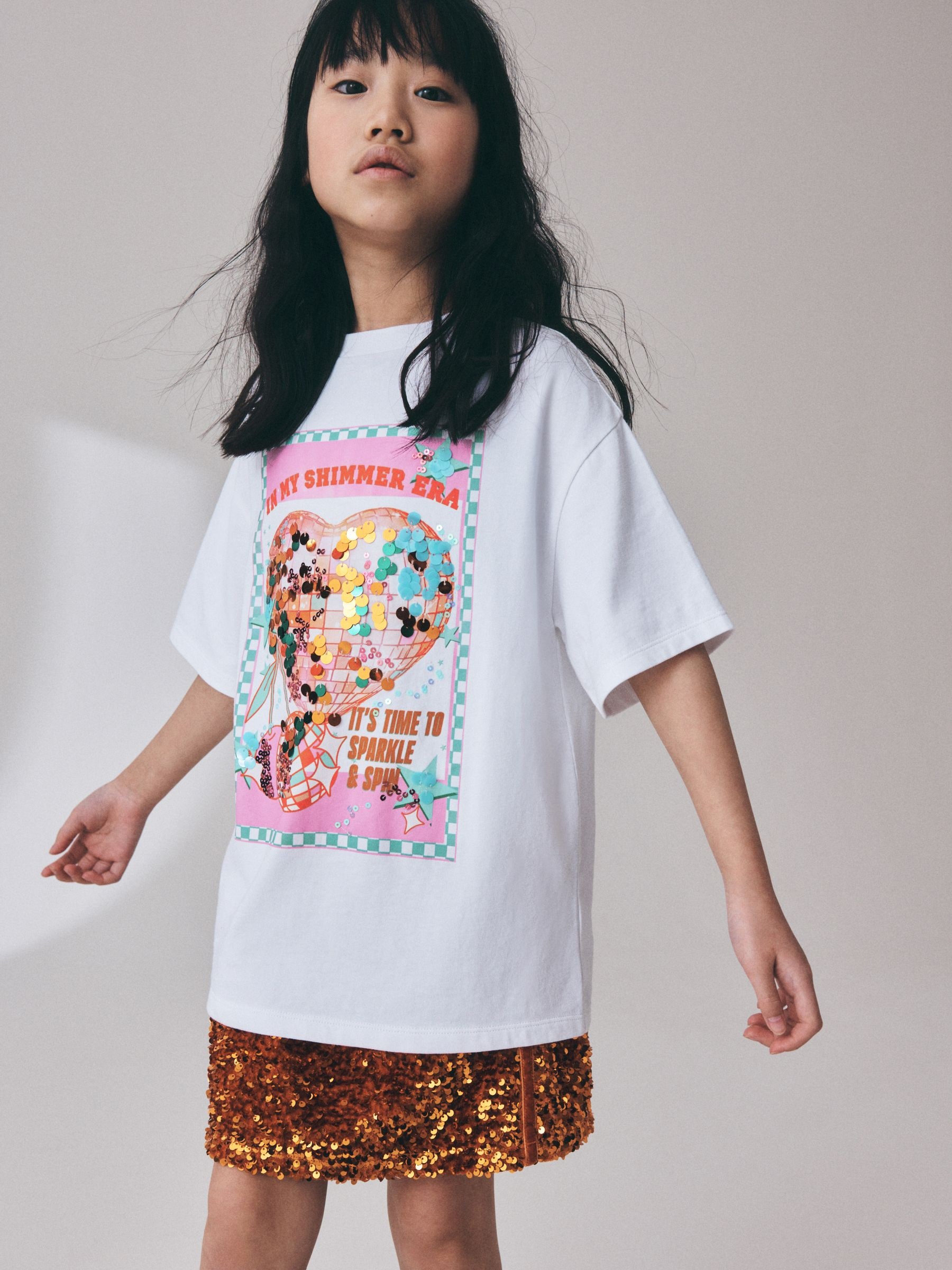 Buy White Disco Heart Oversized Sequin Graphic T-Shirt (3-16yrs