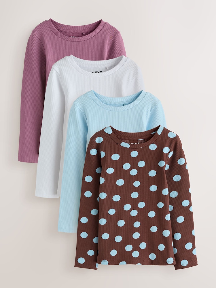 Chocolate Brown Spot Long Sleeve Ribbed T-Shirts 4 Pack (3-16yrs) - Image 1 of 8