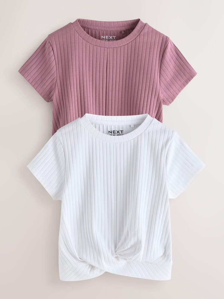 Pink/White Ribbed Wrap Front 2 Pack T-Shirt (3-16yrs) - Image 1 of 11