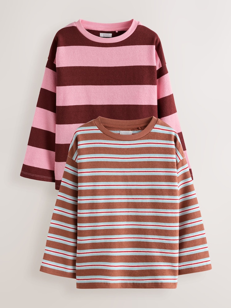 Pink/Brown Stripe Long Sleeve Textured Tops 2 Pack (3-16yrs) - Image 1 of 6 Pink/Brown Stripe Long Sleeve Textured Tops 2 Pack (3-16yrs) - Image 1 of 6