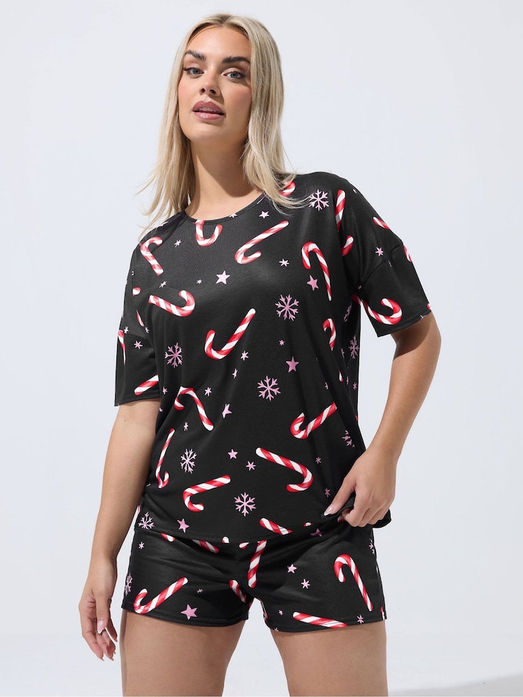 Yours Curve Black Limited Candy Cane Christmas Pyjamas - Image 1 of 5 Yours Curve Black Limited Candy Cane Christmas Pyjamas - Image 1 of 5