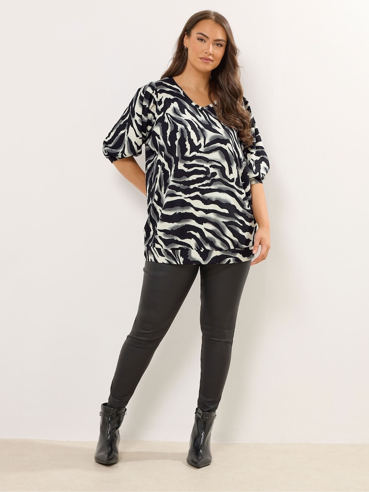 Yours Curve Black Animal Balloon Sleeve Top - Image 2 of 5 Yours Curve Black Animal Balloon Sleeve Top - Image 2 of 5