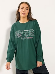 Yours Curve Green Long Sleeve Ribbed Cuff Placement T-Shirt - Image 1 of 5