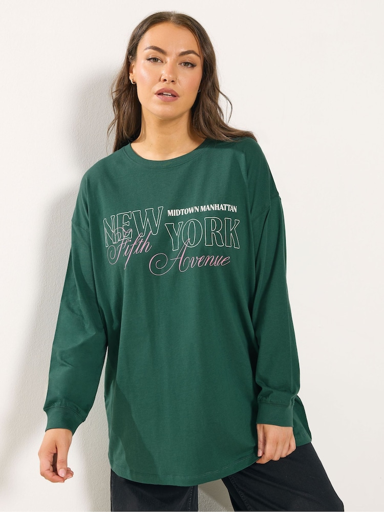 Yours Curve Green Long Sleeve Ribbed Cuff Placement T-Shirt - Image 1 of 5