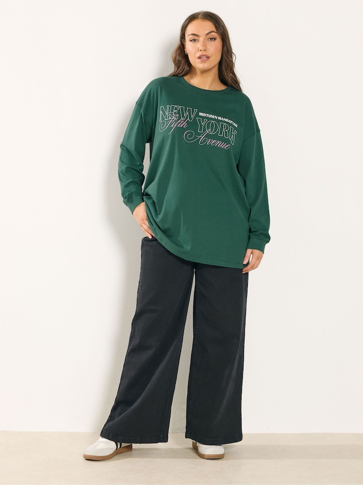 Yours Curve Green Long Sleeve Ribbed Cuff Placement T-Shirt - Image 2 of 5