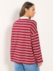Yours Curve Red Rugby Collar Long Sleeve Stripe Top - Image 4 of 6