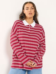 Yours Curve Red Rugby Collar Long Sleeve Stripe Top - Image 5 of 6