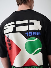 Black Japan Tennis Relaxed Fit Graphic Print Heavy Weight T-Shirt - Image 1 of 10
