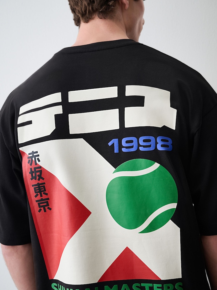 Black Japan Tennis Relaxed Fit Graphic Print Heavy Weight T-Shirt - Image 1 of 10 Black Japan Tennis Relaxed Fit Graphic Print Heavy Weight T-Shirt - Image 1 of 10